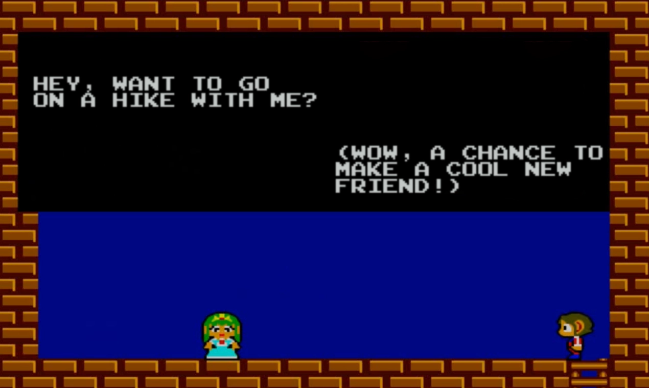 Princess and Alex Kidd screenshot with added text by me. princess is saying want to go on a hike with me? and Alex Kidd says wow a chance to make a cool new friend